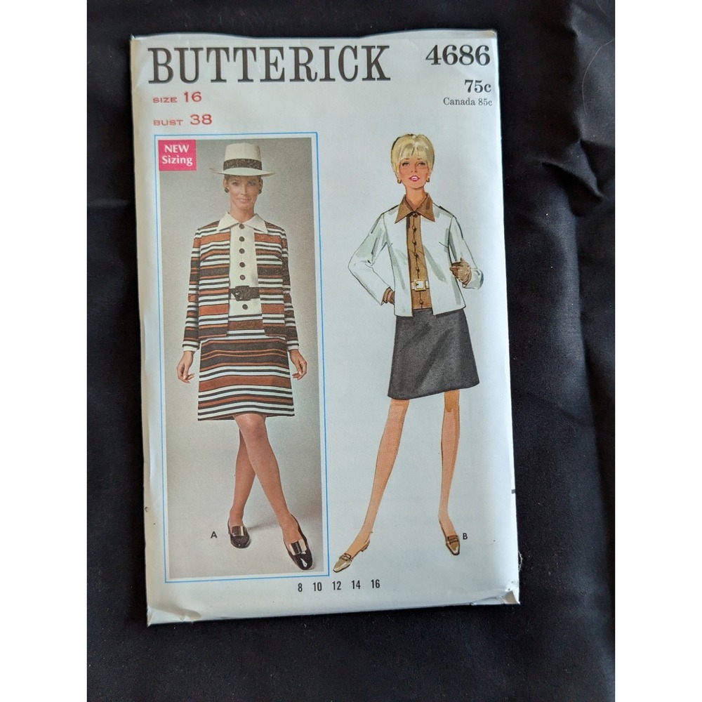 VTG 1968 Butterick 4686 Uncut Mod Dress & Jacket Pattern Size 16 Bust 38